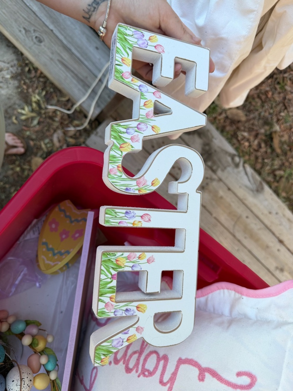 Decorative "EASTER" Wooden Sign - Floral Accent